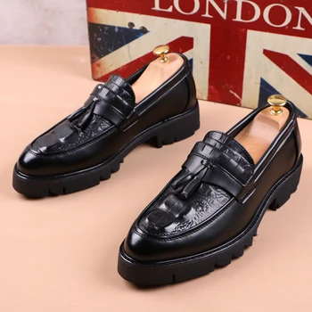 burrat e modës partisë klub nate veshin genuine lëkure tassels këpucë të kaloj në ngarje të këpucëve black tide breathable platformë loafers mans
