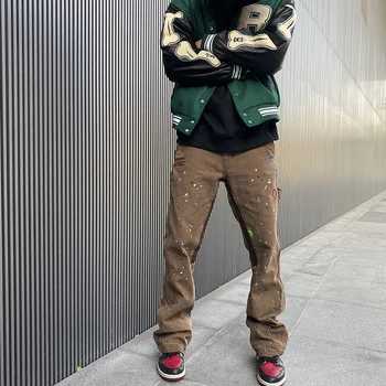 2023 Streetwear Mbishkrime Ngarkesave Flared Xhinse Khaki Zi E Spërkati Me Bojë Të Gjerë Këmbën Xhins Rrahje Zemre Hip Hop Ngarkesave Pantallona Jean Burrave