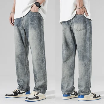 Gjerë Këmbën Xhinse Njerëzve Sunhat Pantallona Baggy Streetwear Xhins Pantallona Për Burrat Kaltër Krizë Të Lirshme 2023 Të Reja Drejt Xhinse Djem